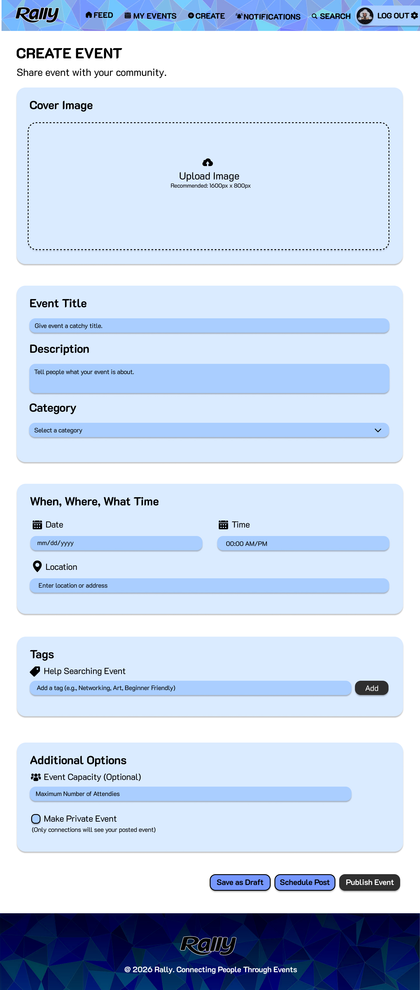 Rally create event screen design